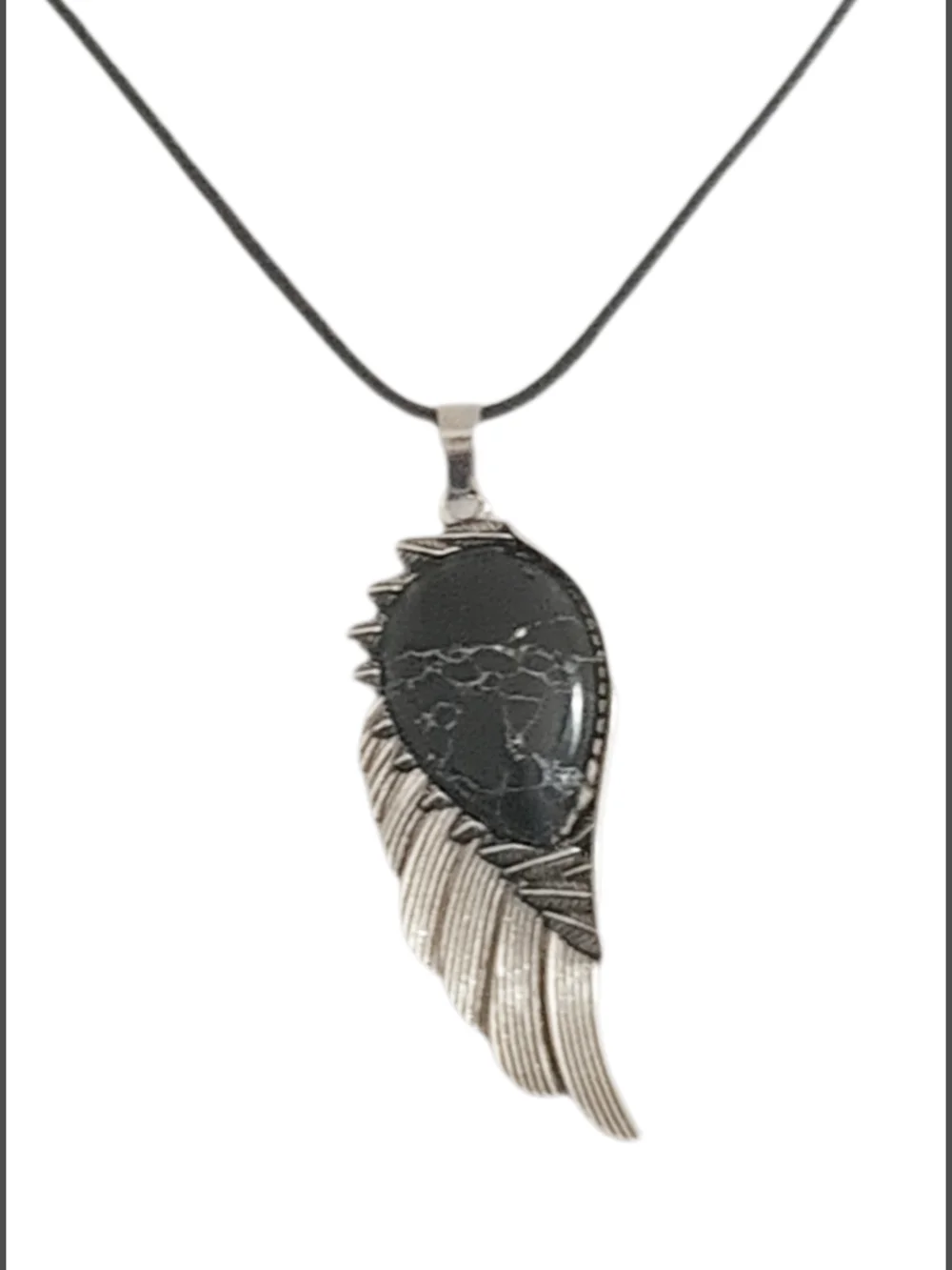 Elegant Silver Wing Natural Stone Pendant w/ Cord Necklace NWOT
